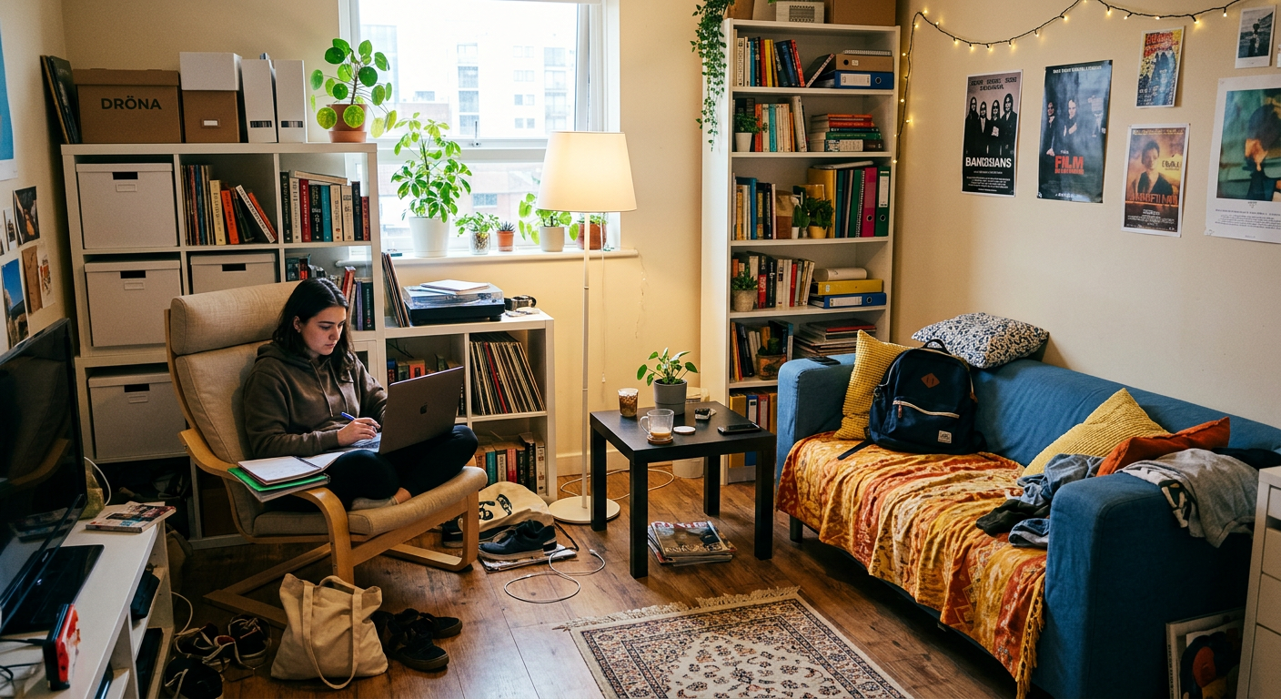 A living room crowded with IKEA furniture — KALLAX shelving, a POÄNG chair, BILLY bookcases and framed posters.